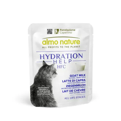 Almo Nature Hydration Help HFC lapte de capră, gust umami natural, potrivit pentru toate etapele vieții. Ingrediente inițial potrivite pentru consum uman, acum hrană pentru pisici.