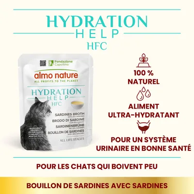 almo nature Hydration Help HFC bouillon de sardines avec 25 % sardines, 100 % naturel, aliment ultra-hydratant, pour les chats qui boivent peu, pour un système urinaire en bonne santé
