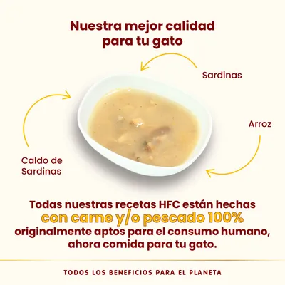 Comida húmeda para gatos en bol blanco con sardinas, arroz y caldo de sardinas. Texto: recetas HFC hechas con carne y/o pescado 100% aptos para consumo humano, ahora comida para tu gato.