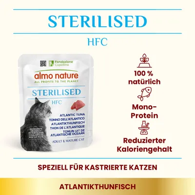 Almo Nature Sterilised HFC Katzennahrung mit Atlantikthunfisch, speziell für kastrierte Katzen. 100% natürlich, Mono-Protein, reduzierter Kaloriengehalt.