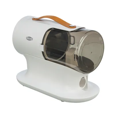 Trixie comedero automático con recipiente transparente, carcasa blanca y asa marrón. Alimentación automática para mascotas.