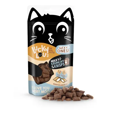 Lucky Lou's Milky Krunchy Krisps, без зърнени храни, без добавена захар, произведени в Австрия. Опаковка с котешки мотив и слоган 'I love you very moo'.