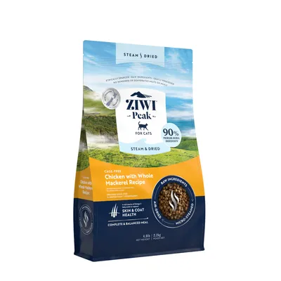 Ziwi Peak karma dla kotów, receptura z kurczakiem i całą makrelą, 90% składników pochodzenia zwierzęcego, delikatnie suszona parą, dla zdrowej skóry i sierści, pełny i zbilansowany posiłek.