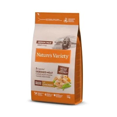 Nature's Variety Medium/Maxi Adult hondenvoer, 1e ingrediënt ontbeend vlees, met kip en gezonde granen, 3 kg. Protein quality & digestibility zichtbaar op verpakking.
