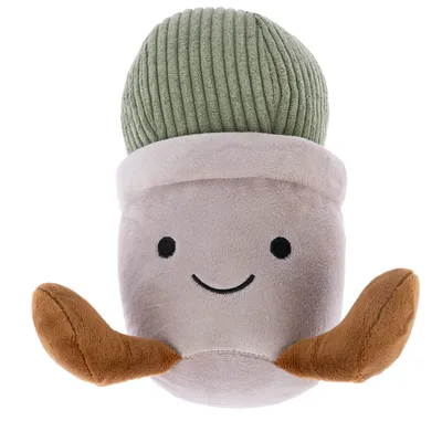 Jouet en peluche pour animaux, forme de pot avec visage souriant, bras marron et dessus vert côtelé. Matière textile visible.