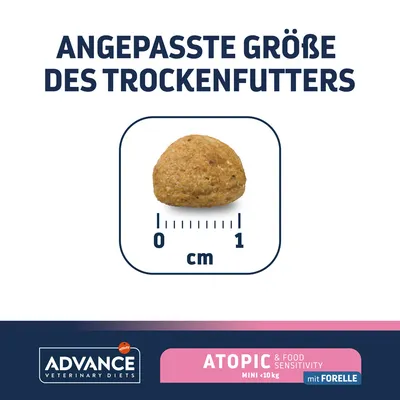 Angepasste Grösse des Trockenfutters, Krokette mit Massstab von 0 bis 1 cm. Advance Veterinary Diets Atopic & Food Sensitivity Mini unter 10 kg mit Forelle.