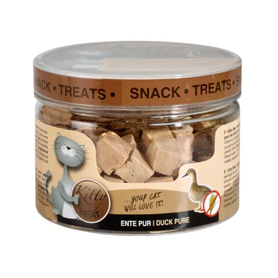 Boîte transparente de friandises pour chat Kitty Beat, texte visible : 'ENTE PUR / DUCK PURE', illustration de canard et chat, mention 'your cat will love it!'