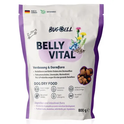 BugBell Belly Vital Trockenfutter für Hunde, 800g. Fördert Verdauung und Darmflora mit Heidelbeeren, Kürbis, Flohsamenschalen, Prä- und Probiotika. Made in Germany, nachhaltig, hypoallergen.