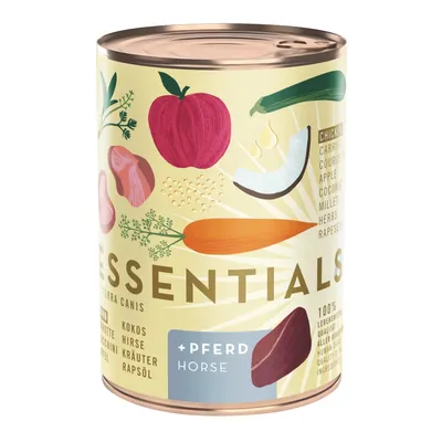 Boîte Terra Canis ESSENTIALS +PFERD HORSE, illustrations de pomme, carotte, courgette, noix de coco, viande, herbes, texte visible : chicken, carrot, courgette, apple, coconut, millet, herbs, rapeseed.