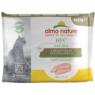 Almo Nature HFC Natural Megapack, 6x55g, kipfilet voor volwassen katten. 100% natuurlijke ingrediënten. QR-code voor meer informatie.