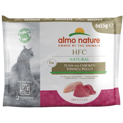 Almo Nature HFC Natural Megapack, 6x55g, tonijn en kip voor volwassen katten. 100% winst naar natuur. QR-code voor meer informatie.