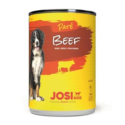 Blik JosiDog Paté Beef, afbeelding van hond en koe, tekst: Rind | Boeuf | Wolowina, Adult, 100% complete voeding, Powered by Josera Germany.