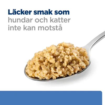 Text: Läcker smak som hundar och katter inte kan motstå. Sked med fuktigt, malet djurfoder.