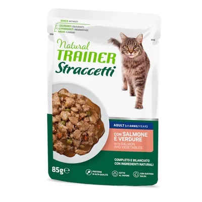 Natural Trainer Straccetti Adult kattefoder med laks og grøntsager, 85g. Uden farvestoffer, konserveringsmidler og aromaer. Komplet og afbalanceret med naturlige ingredienser.