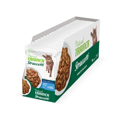 Natural Trainer Straccetti, cat food for adults with tuna and vegetables. Packaging shows product image and cat.