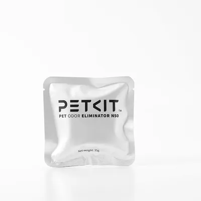 Sachet PETKIT PET ODOR ELIMINATOR N50, poids net : 35 g. Texte en anglais visible sur l'emballage argenté.
