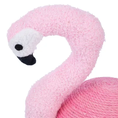 Spielzeug in Form eines rosa Flamingos mit strukturiertem Stoff und schwarzem Schnabel.