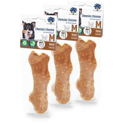 Blue Tree Cheesies Cheeew, natürlicher Kauspass Grösse M. Verpackung zeigt recycelbare Materialien und glutenfreie Rezeptur.