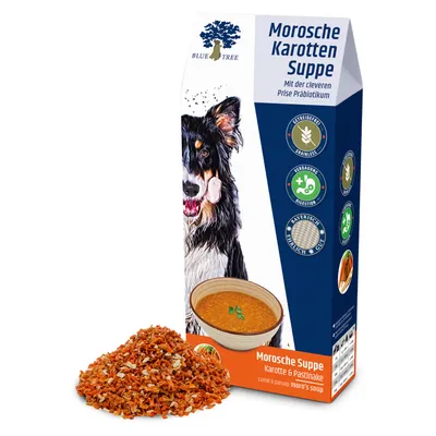 Blue Tree Morosche Karotten Suppe, Karotte & Pastinake. Getreidefrei, unterstützt Verdauung, bayerisch hergestellt. Verpackung mit Suppenschale und Zutatenabbildung.
