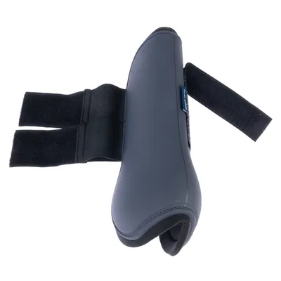 Graue Schutzmanschette mit zwei schwarzen Klettverschlüssen, geeignet für den Einsatz an Tierbeinen. Ergonomisches Design und gepolsterte Innenseite sichtbar.