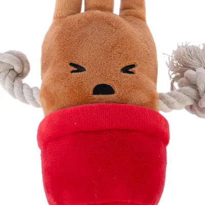 Giocattolo in peluche marrone e rosso con motivo facciale, corde laterali in cotone.