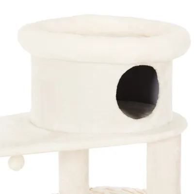 Krabpaal met ronde, beige pluche kattenhuis en open ingang, ondersteund door twee palen. Materiaal: stof.