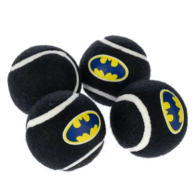 Fire sorte bolde med hvide striber og gul-blåt Batman-logo, egnet til kæledyrsleg.