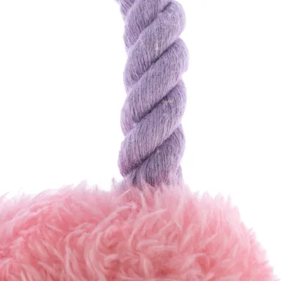 Spielzeug aus rosa Plüsch mit lila gedrehtem Seil, geeignet für Haustiere.