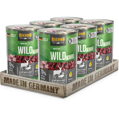 Belcando Dog Food Baseline Wild & Ente, 70% mięsa, z olejem z ostu, wyprodukowane w Niemczech, 6-pak puszek.