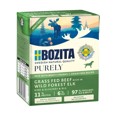 Bozita Purely Adult Dog, rund & eland, graanvrij. 11% eiwit, 6% vet, 97% vers vlees en bouillon. Met arctische bessen, zonder suiker, geen kleurstoffen. Gemaakt in Zweden.