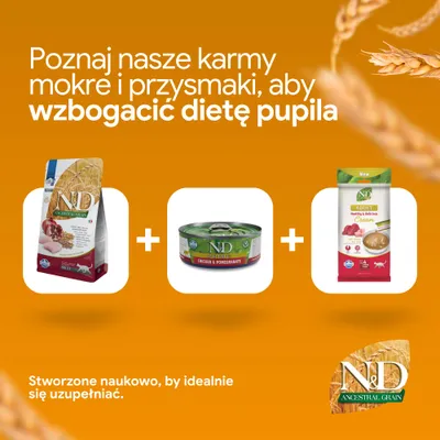 Na zdjęciu: karma sucha N&D Ancestral Grain, mokra karma N&D Prime Chicken & Pomegranate oraz N&D Adult Cream. Opracowane naukowo w celu optymalnej suplementacji żywienia. Na zdjęciu: karma sucha N&D Ancestral Grain, mokra karma N&D Prime Chicken & Pomegranate oraz N&D Adult Cream. Opracowane naukowo w celu optymalnej suplementacji żywienia.
