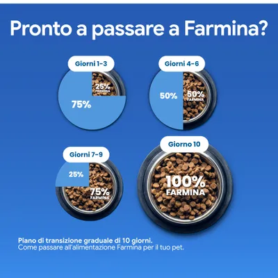 Piano di alimentazione per il passaggio a Farmina: giorni 1-3 25% Farmina, giorni 4-6 50%, giorni 7-9 75%, giorno 10 100% Farmina. Si consiglia una transizione di 10 giorni. Piano di alimentazione per il passaggio a Farmina: giorni 1-3 25% Farmina, giorni 4-6 50%, giorni 7-9 75%, giorno 10 100% Farmina. Si consiglia una transizione di 10 giorni.