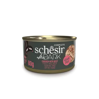 Schesir After Dark Complete, kip met rund, 80g, graanvrij. Afbeelding van een blik met zichtbare inhoud.