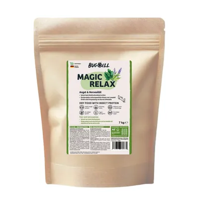 BugBell Magic Relax crocchette con proteine di insetto, 7 kg. Favorisce il rilassamento in caso di ansia e nervosismo. Con erbe come la lavanda. Senza zuccheri aggiunti, senza coloranti artificiali.