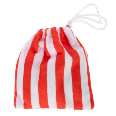 Bolsa de tela a rayas rojas y blancas con cordón.
