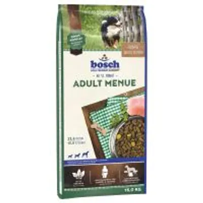 bosch Adult Menue suha hrana za pse, 15 kg. Na pakiranju prikazana zdjela s granulama i komad mesa. Vidljiv tekst: 21,5 % proteina, 10 % masti.