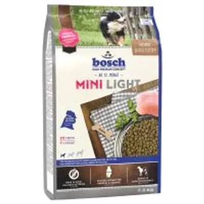 Bosch Mini Light suha hrana za pse, vidljiv tekst: 'MINI LIGHT', slika zdjele s granulama i komadom mesa, težina 2,5 kg prikazana na pakiranju.