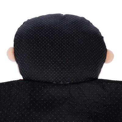 Vista posteriore di un peluche nero a pois con orecchie beige.