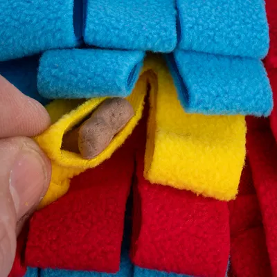 Una mano mette uno snack in una tasca gialla di pile colorato. Adatto per giochi di ricerca e fiuto.