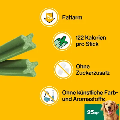 Fettarm, 122 Kalorien pro Stick, ohne Zuckerzusatz, ohne künstliche Farb- und Aromastoffe. Geeignet für Hunde ab 25 kg.