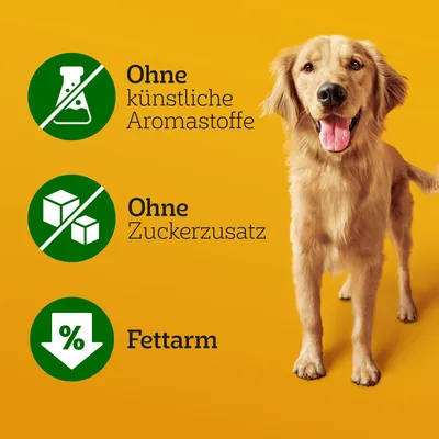 Ohne künstliche Aromastoffe, ohne Zuckerzusatz, fettarm. Produktmerkmale auf gelbem Hintergrund mit grünen Symbolen.