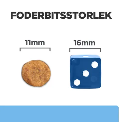 Foderbitsstorlek: foderbit 11 mm bred jämförs med blå tärning 16 mm bred. Text: FODERBITSSTORLEK, 11 mm, 16 mm.