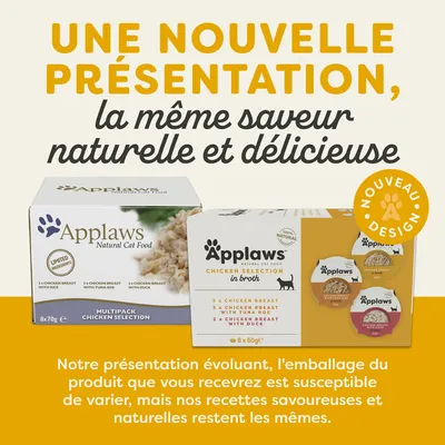 Texte : Une nouvelle présentation, la même saveur naturelle et délicieuse. Applaws Natural Cat Food, multipack chicken selection. Nouveau design. L’emballage peut varier, recette inchangée.