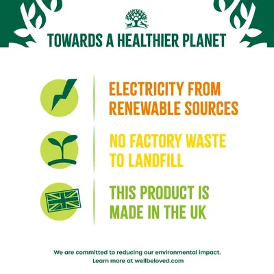 ELECTRICITY FROM RENEWABLE SOURCES, NO FACTORY WASTE TO LANDFILL, THIS PRODUCT IS MADE IN THE UK. Szöveg angol nyelven.