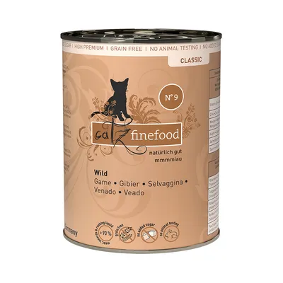 Konzerva catz finefood No. 9 Classic, Wild. Text: High premium, grain free, no animal testing, no added sugar, 93 % meat, natürlich gut mmmmiaau. Piktogramy bez cukru a testování na zvířatech.