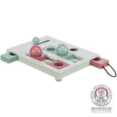 Spielzeug mit Schiebefächern und bunten Kugeln in Rosa und Grün. Animal Welfare Compliant Siegel mit Inspektionsnummer 201711039.