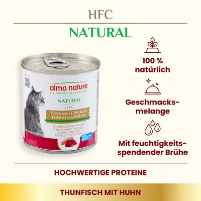 Almo Nature Natural HFC Thunfisch mit Huhn. 100% natürlich, Geschmacks-Melange, mit feuchtigkeitsspendender Brühe, hochwertige Proteine.