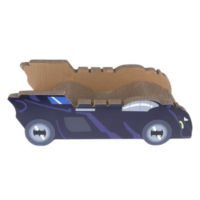 Krabmeubel van karton in de vorm van een auto, donkerblauw met gele en zilveren accenten.