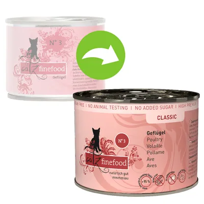Två burkar catz finefood N°3 Geflügel, en äldre och en nyare design. Text på burken: CLASSIC, Geflügel, Poultry, Volaille, Pollame, Ave, 95 % kött, utan tillsatt socker.
