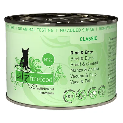 Catz Finefood Classic Nr. 23, marha és kacsa, gabonamentes, hozzáadott cukor nélkül, állatkísérlet-mentes, 93% hústartalom.
